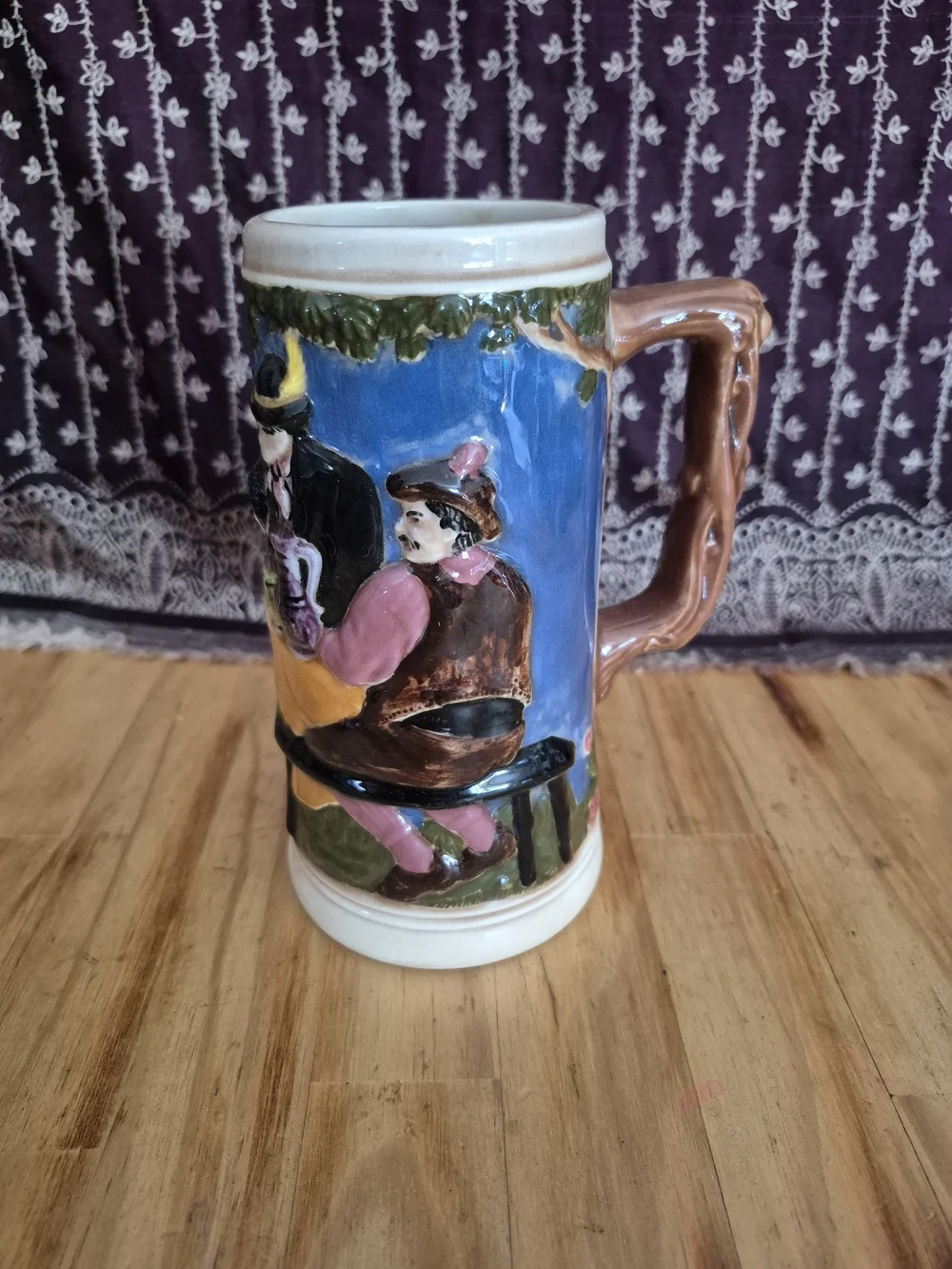 Hand-Painted Ceramic Figural Beer Stein in Blue and Pink